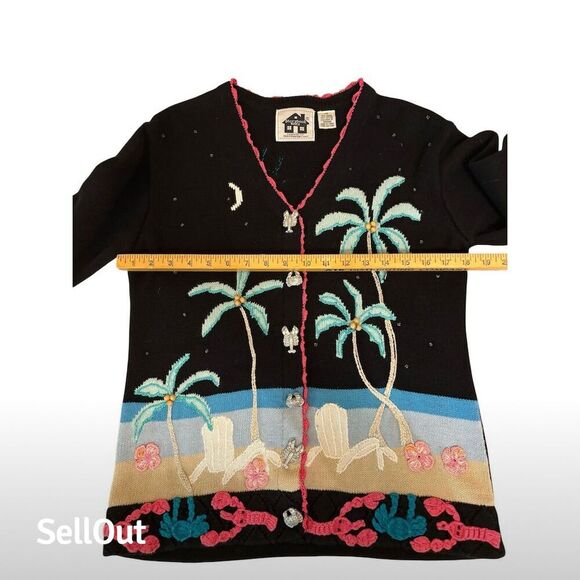 Storybook Knits Women's XS Beach Theme Cardigan Sweater Black - Picture 4 of 7